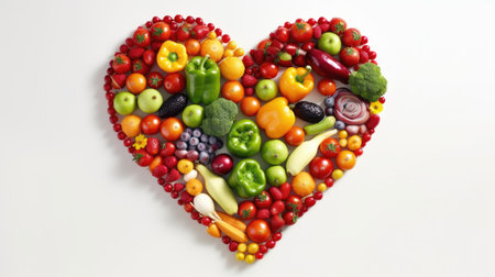 Heart shape made of fresh fruits and vegetables. Healthy food concept.の素材