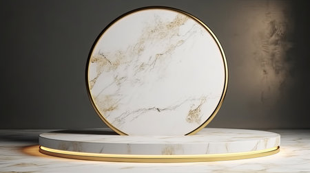 Abstract 3d rendering of white marble podium with gold frame for product presentation.の素材