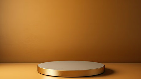 Golden podium on orange background. 3d render. Platform for product presentation.の素材