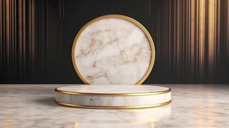 3d rendering of luxury podium for product presentation with gold frame.の素材