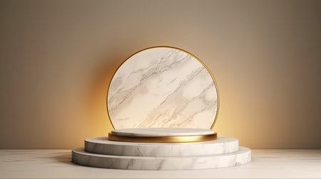 3d render of a white marble podium for product presentation with a gold frame on the wall backgroundの素材