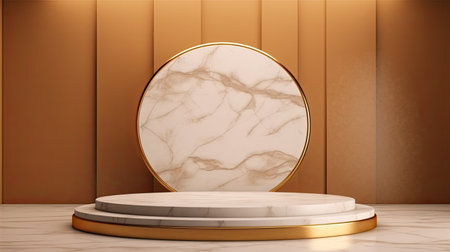 3d render of white marble podium with gold frame on brown backgroundの素材