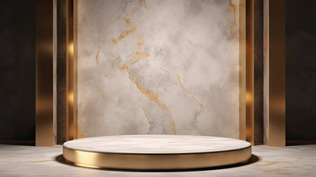 3d render of the golden podium with marble texture background. Product display mockup.の素材