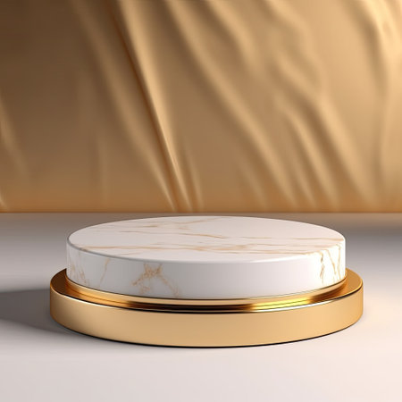 3d render of golden podium for product presentation. Abstract background.の素材