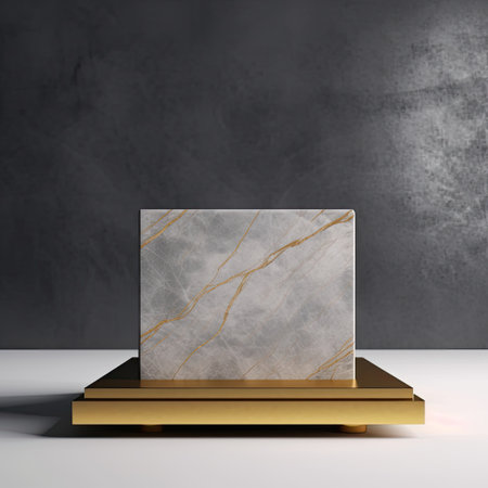3d render of marble product display podium with marble texture on black backgroundの素材