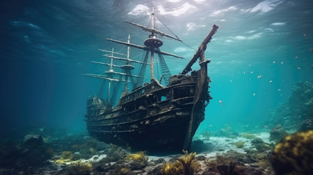 Sunken pirate ship on the seabed in blue seaの素材