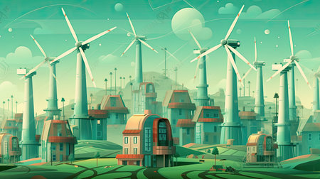 Industrial landscape with windmills and buildingsの素材