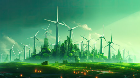 Ecology concept with wind turbines and city on green background. 3D renderingの素材