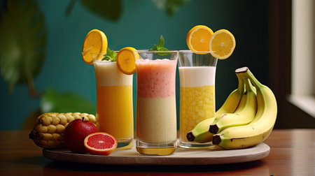 Fruit smoothies with banana, mango, orange and grapefruitの素材