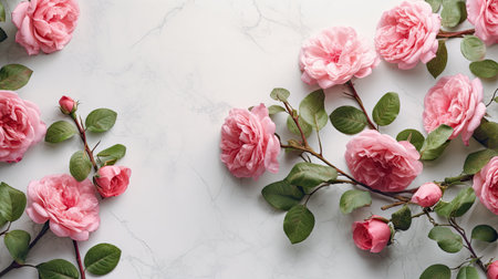 Flowers composition. Pink rose flowers on white marble background. Flat lay, top view, copy spaceの素材