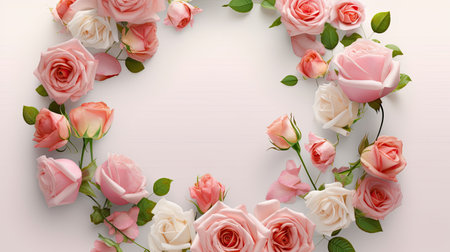 Frame made of pink and white roses on white background with copy spaceの素材