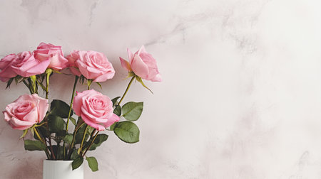 Pink roses in a vase on white marble background with copy space.の素材