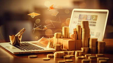 Stack of coins with laptop computer and stack of coins with business graph backgroundの素材