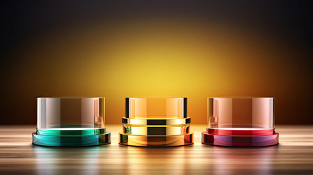 3d render of golden, green and red podiums on a wooden surfaceの素材