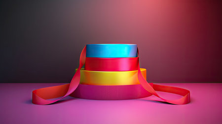 Colorful ribbons on a pink backgroundの素材