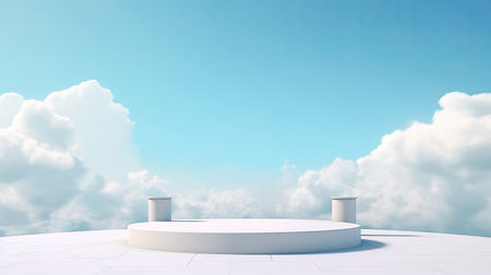 White podium on blue sky background with cloudsの素材