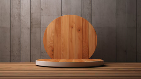 Wooden podium on wooden background. 3d render. Minimal styleの素材