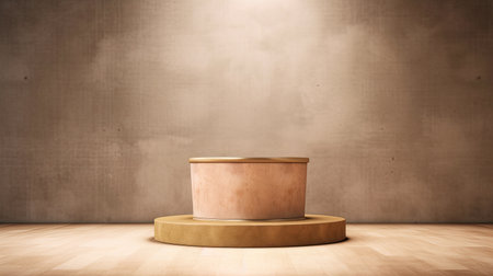 3D rendering of a round podium on a brown concrete wall backgroundの素材