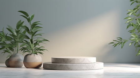 3d render of minimal display podium for product presentation with green plants.の素材