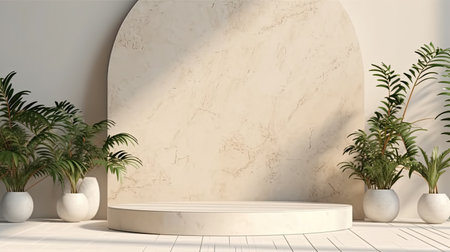 3d rendering of white marble podium for product display with green plantsの素材