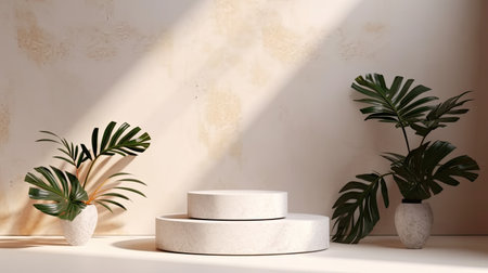 3d render of the podium for product display with monstera leaf and shadow on the wallの素材