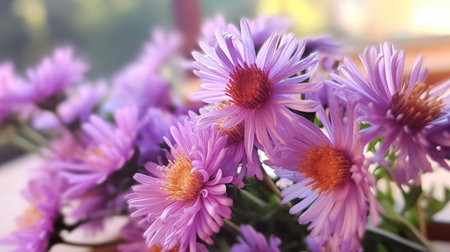 Bouquet of purple chrysanthemums in a vase on the windowsillの素材