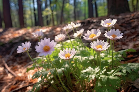 Beautiful white anemone flowers blooming in the spring forestの素材