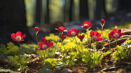 Red anemone flowers in the forest. Springtime. Macroの素材