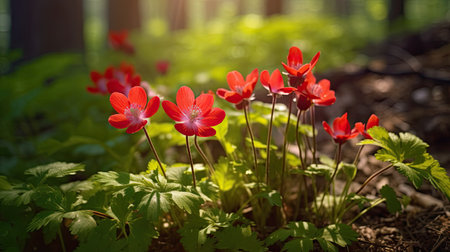 Beautiful red anemone flowers blooming in spring forest.の素材