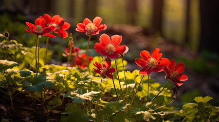 Red anemone flowers in the forest. Beautiful spring flowers.の素材