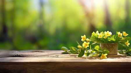Wooden table with yellow spring flowers on bokeh backgroundの素材