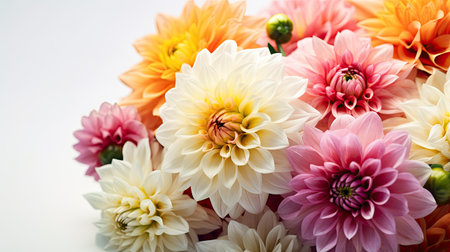 Colorful dahlia flower bouquet on white background. Close upの素材