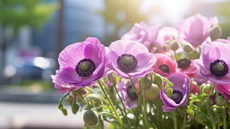 Beautiful purple anemones in a pot on the street.の素材