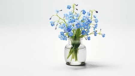 Bouquet of forget-me-nots in glass vase on white backgroundの素材