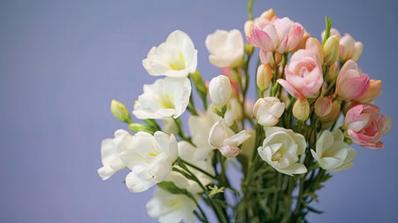 Beautiful bouquet of freesia on a blue background.の素材