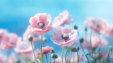 Beautiful pink poppies on blue sky background with copy spaceの素材