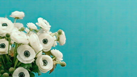 White ranunculus flowers bouquet on blue background with copy spaceの素材