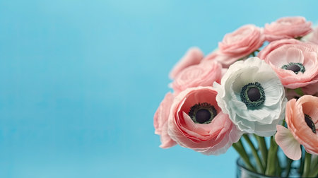 Bouquet of pink and white ranunculus flowers on blue backgroundの素材