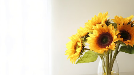 Sunflowers in a vase on the windowsill with copy spaceの素材
