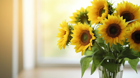 Bouquet of sunflowers in vase on window backgroundの素材