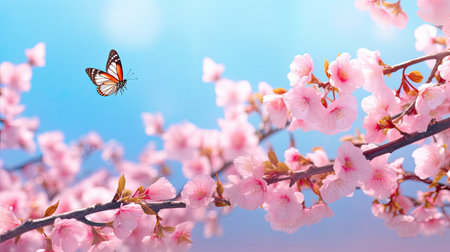 Cherry blossom and butterfly on blue sky background with copy spaceの素材