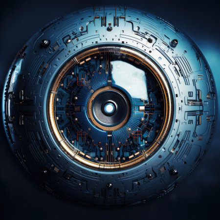 This cutting-edge digital eye technology, immersed in a dark blue-green palette, symbolizes the forefront of cyber security and biometric advancements. It embodies a future where safeguarding sensitive information is seamlessly integrated with state-of-the-art visual authentication methods.の素材