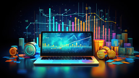 Laptop with stock market graph on dark background. 3d renderingの素材