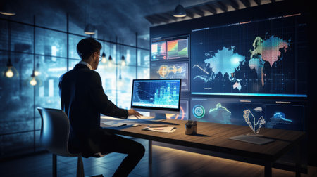 Businessman in modern office using computerの素材