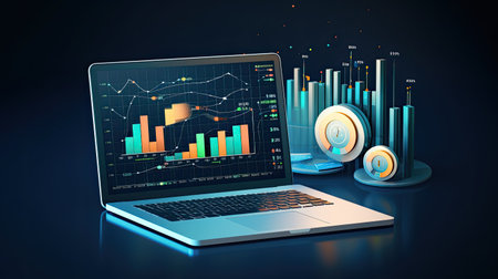 Laptop with stock market chart on the screen. 3d renderingの素材
