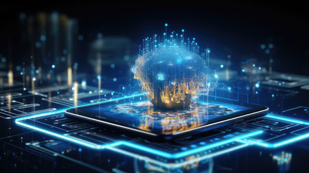 Digital brain hologram on tablet display. Artificial intelligence concept. 3D Renderingの素材