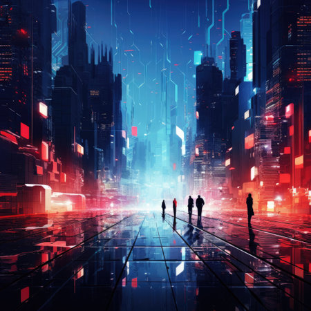 Business people walking in the city at night with digital interface on the backgroundの素材