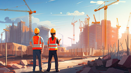 Construction workers on the background of the construction siteの素材