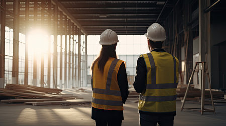 Back view of engineer and architect looking at construction site with copy spaceの素材