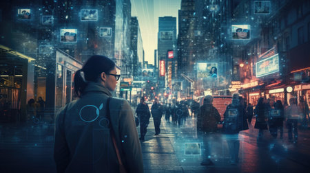 New York City, USA - A woman walking through Times Square at nightの素材